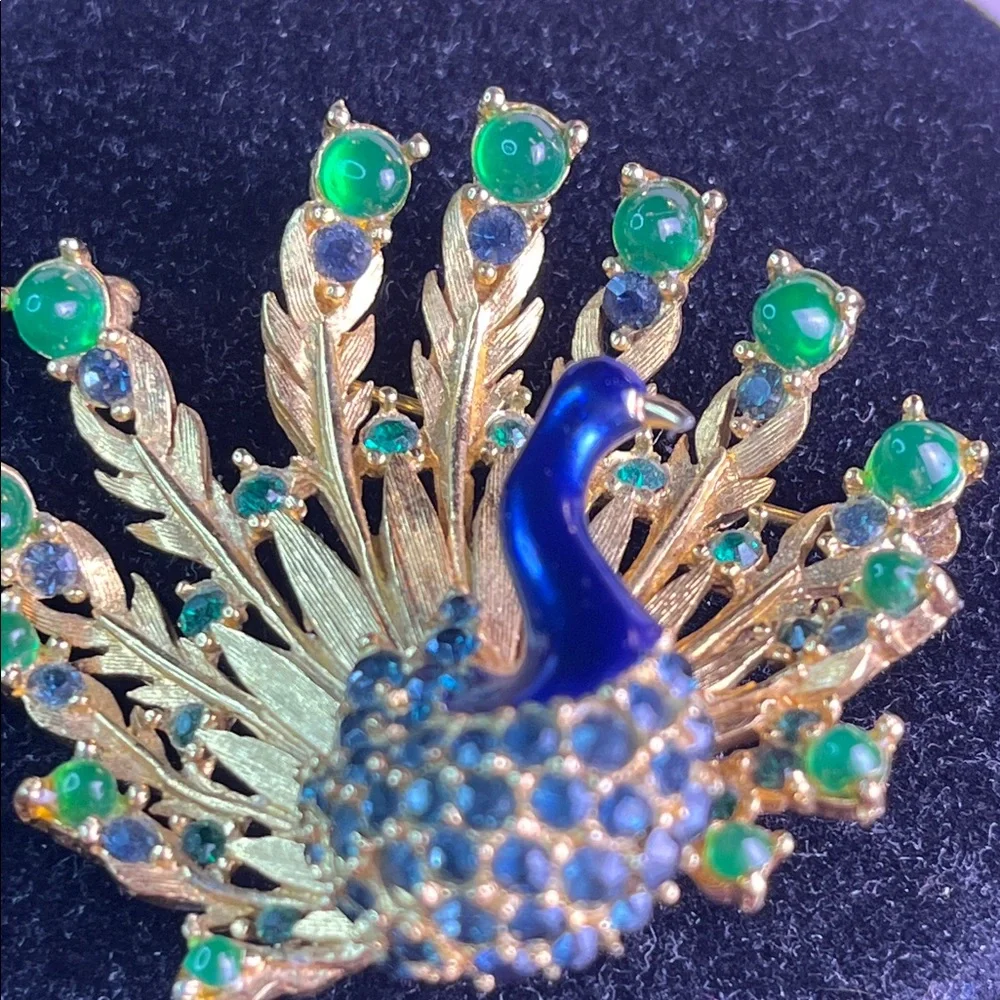 Vintage Boucher signed Gold, blue, green Peacock Brooch vintage designer